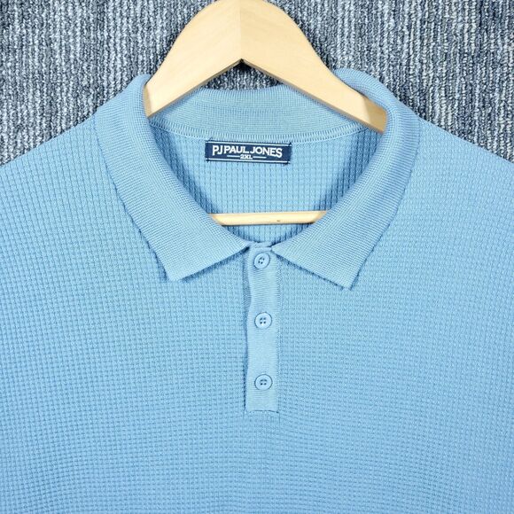 PJ Paul Jones Polo Shirt Mens XXL Blue Knit Short Sleeve Retro Textured Viscose - Picture 2 of 11